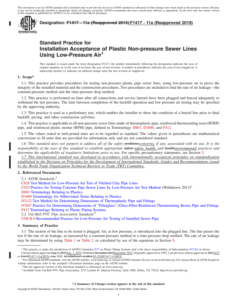 REDLINE ASTM F1417-11a(2019) - Standard Practice for Installation Acceptance of Plastic Non-pressure Sewer Lines  Using Low-Pressure Air