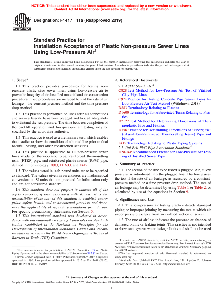 ASTM F1417-11a(2019) - Standard Practice for Installation Acceptance of Plastic Non-pressure Sewer Lines  Using Low-Pressure Air