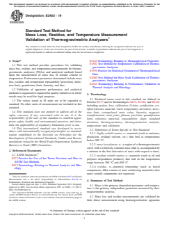 ASTM E2402-19 ASTM E2402-19 - Standard Test Method for Mass Loss, Residue, and Temperature Measurement Validation of Thermogravimetric Analyzers - Page 1 preview