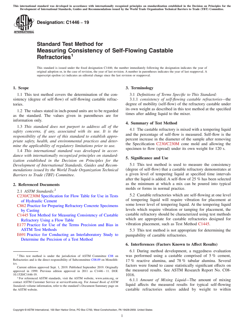 ASTM C1446-19 - Standard Test Method for Measuring Consistency of Self-Flowing Castable Refractories