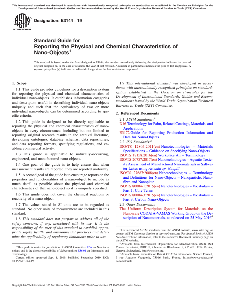 ASTM E3144-19 - Standard Guide for Reporting the Physical and Chemical Characteristics of Nano-Objects