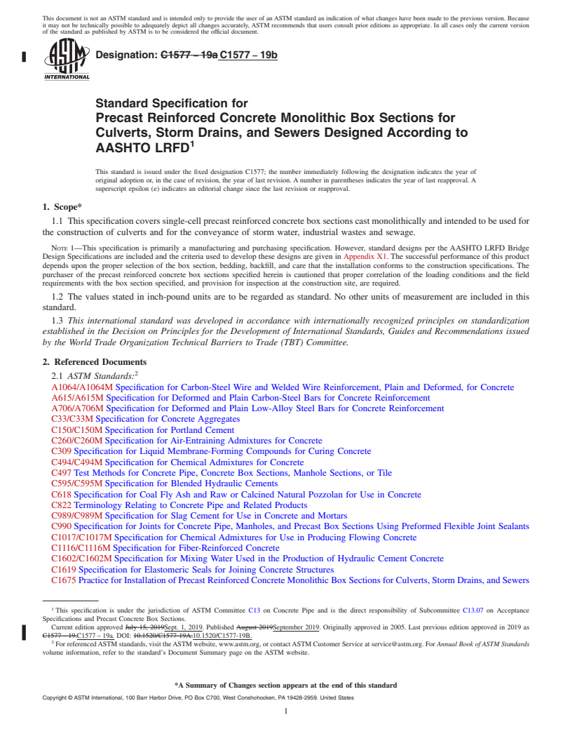 REDLINE ASTM C1577-19b - Standard Specification for Precast Reinforced Concrete Monolithic Box Sections for Culverts,  Storm Drains, and Sewers Designed According to AASHTO LRFD