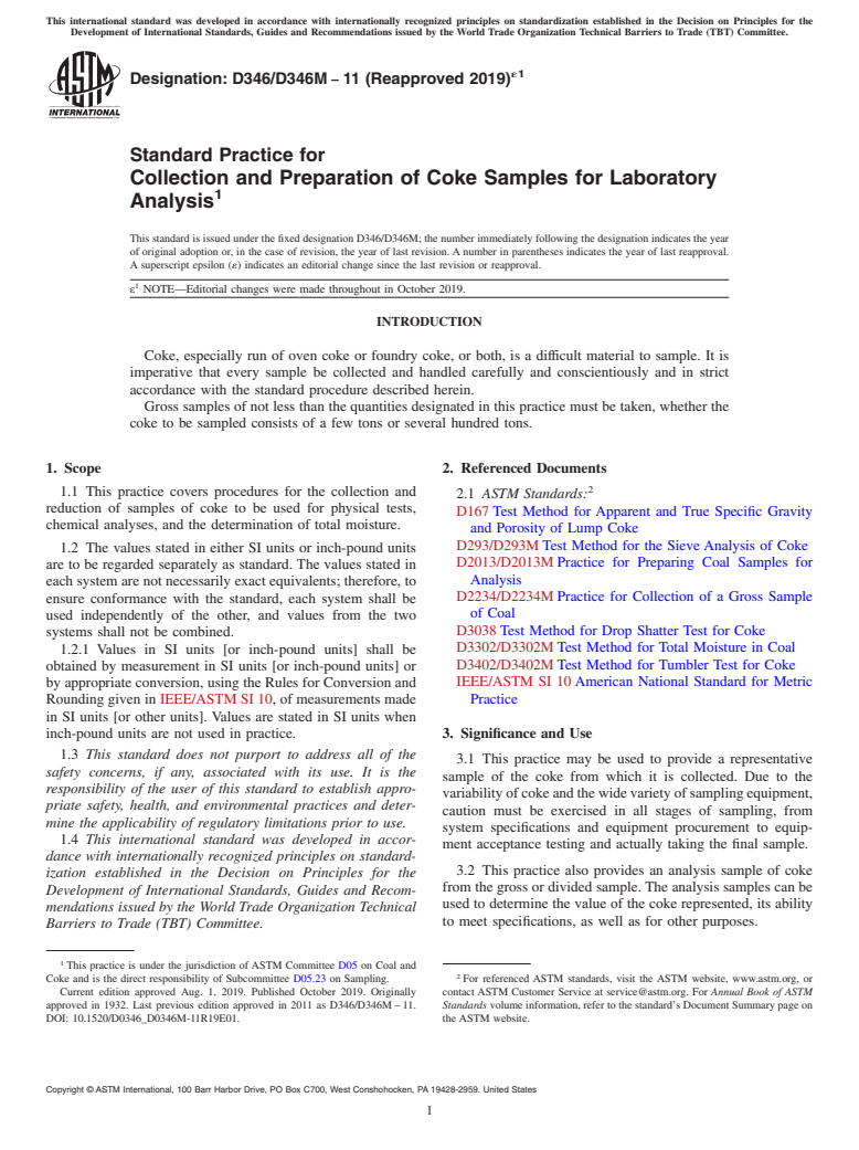 ASTM D346/D346M-11(2019)e1 - Standard Practice for  Collection and Preparation of Coke Samples for Laboratory Analysis