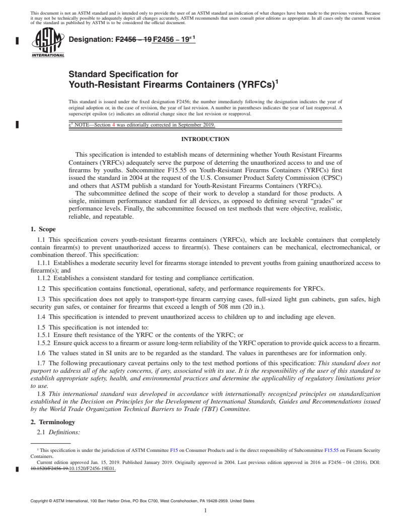 REDLINE ASTM F2456-19e1 - Standard Specification for  Youth-Resistant Firearms Containers (YRFCs)