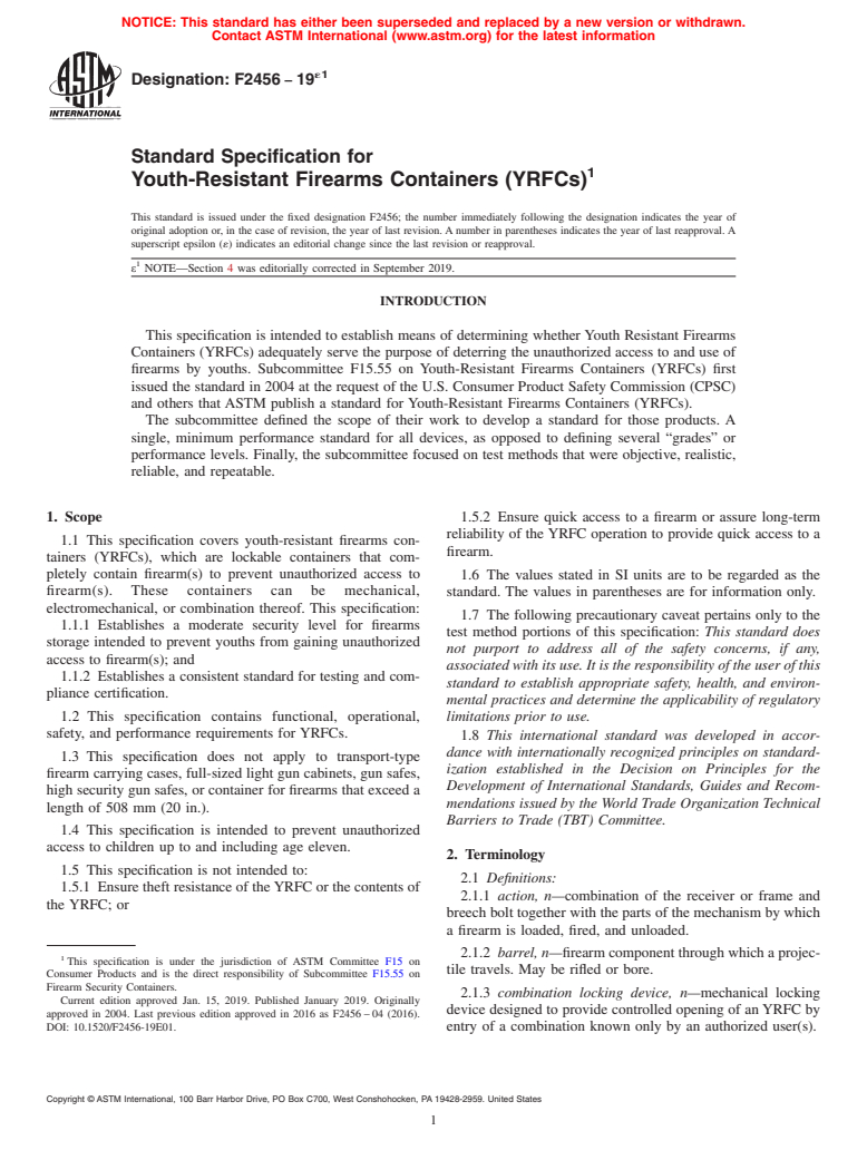 ASTM F2456-19e1 - Standard Specification for  Youth-Resistant Firearms Containers (YRFCs)