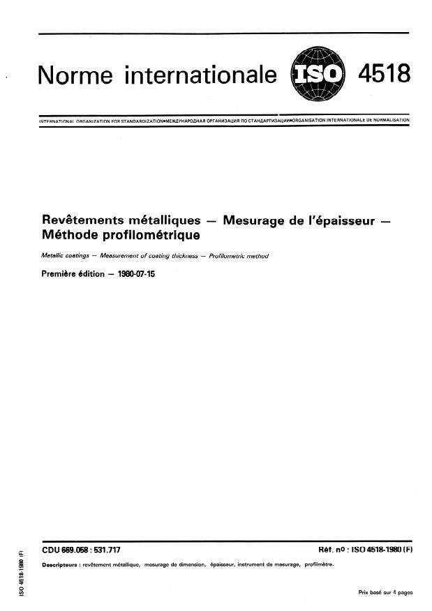 ISO 4518:1980 - Revetements métalliques -- Mesurage de l'épaisseur -- Méthode profilométrique
