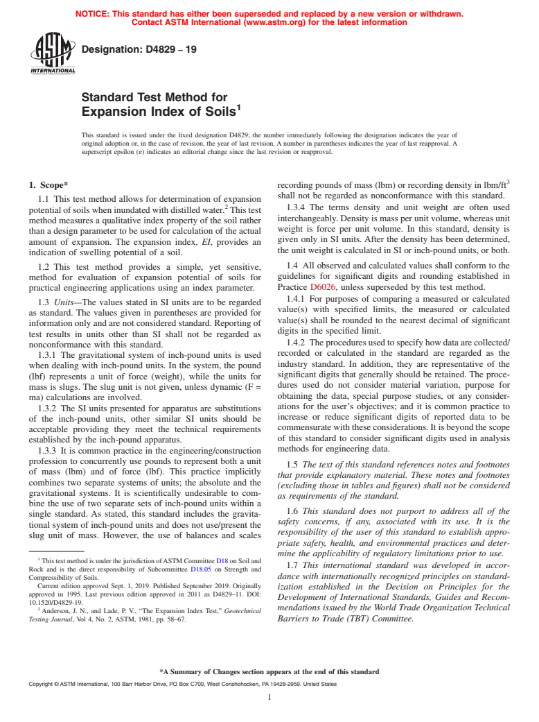 ASTM D4829-19 - Standard Test Method for Expansion Index of Soils