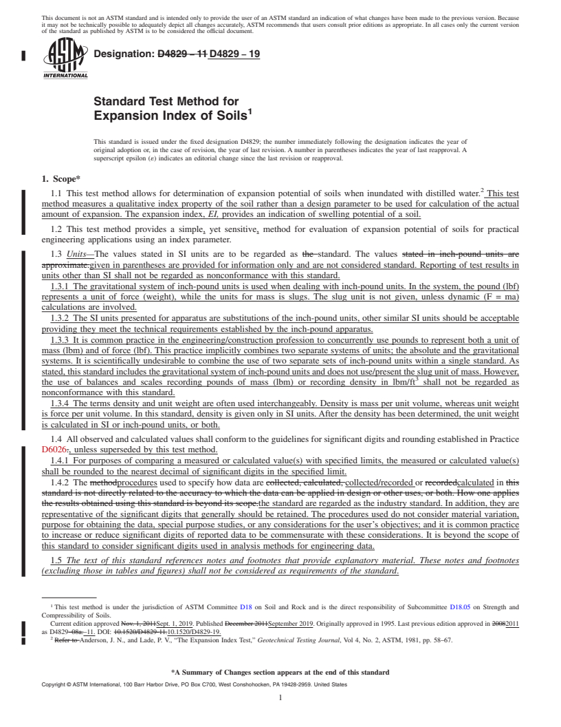 REDLINE ASTM D4829-19 - Standard Test Method for Expansion Index of Soils