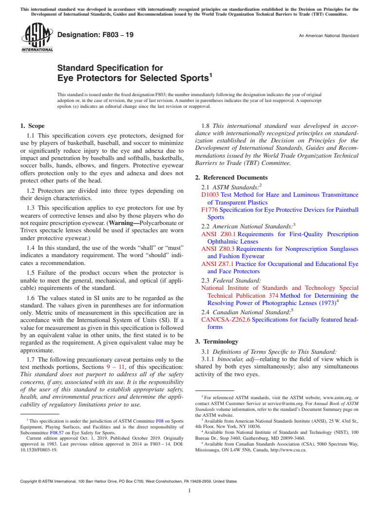 ASTM F803-19 - Standard Specification for  Eye Protectors for Selected Sports