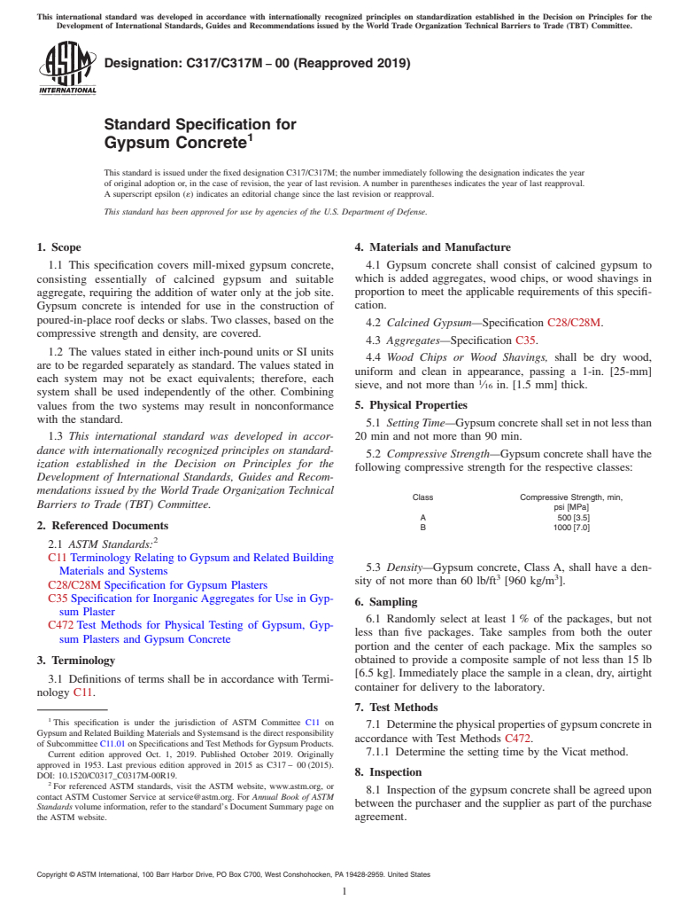 ASTM C317/C317M-00(2019) - Standard Specification for  Gypsum Concrete