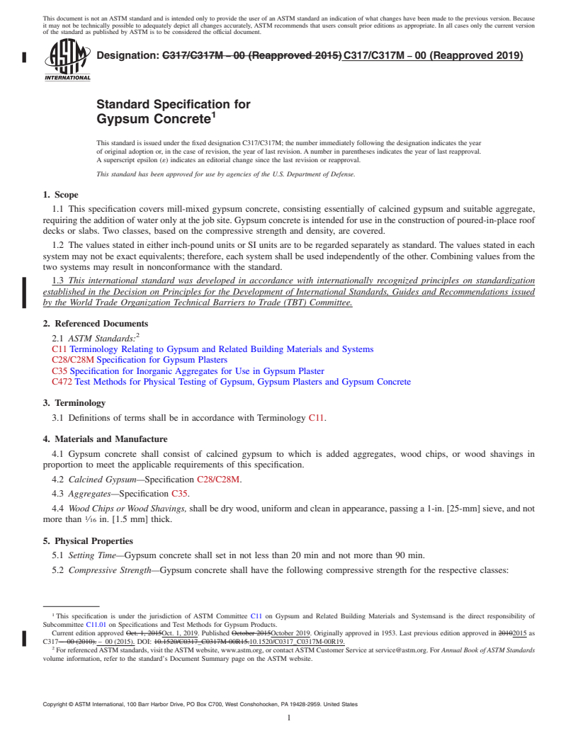 REDLINE ASTM C317/C317M-00(2019) - Standard Specification for  Gypsum Concrete