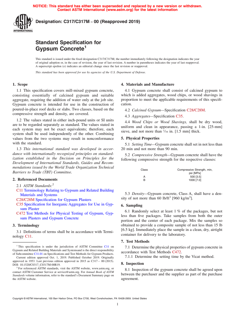 ASTM C317/C317M-00(2019) - Standard Specification for  Gypsum Concrete