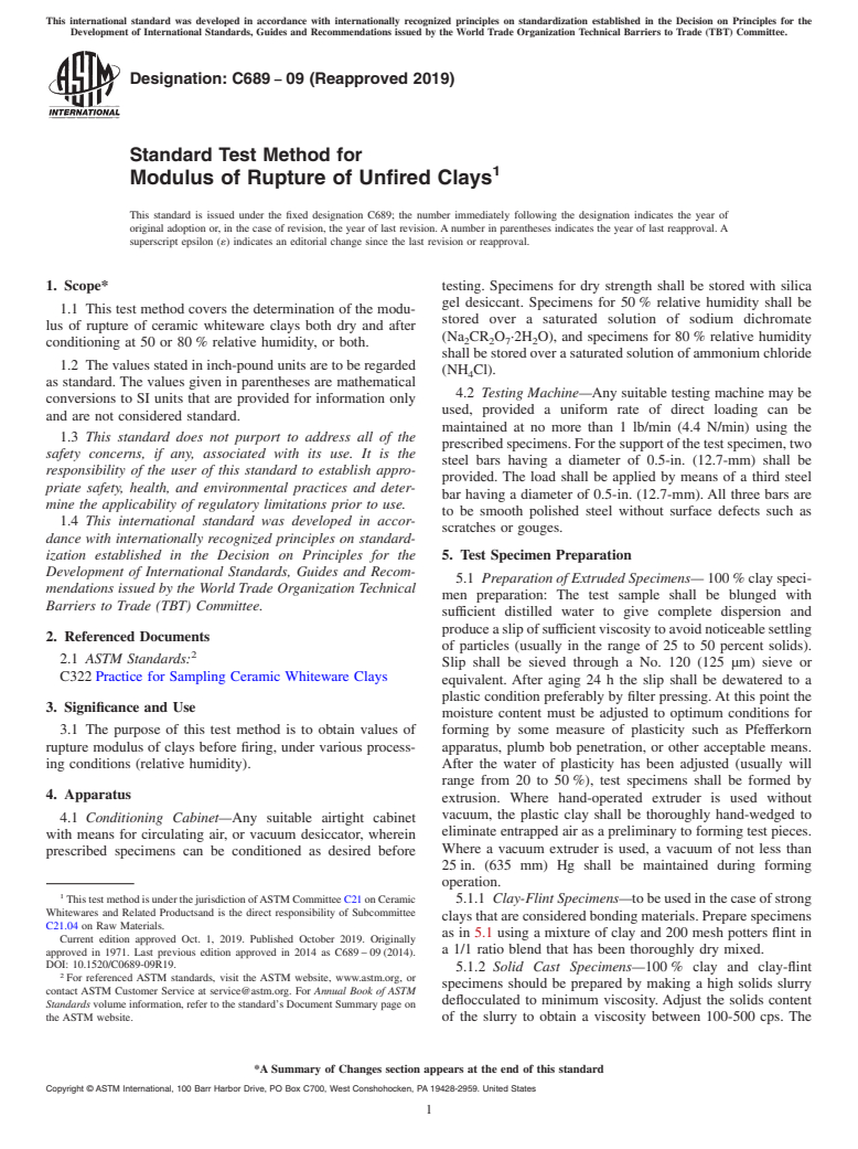 ASTM C689-09(2019) - Standard Test Method for  Modulus of Rupture of Unfired Clays