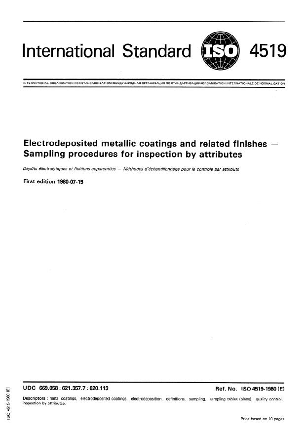 ISO 4519:1980 - Electrodeposited metallic coatings and related finishes -- Sampling procedures for inspection by attributes