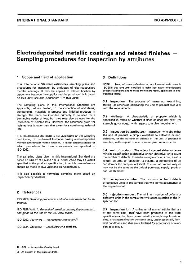 ISO 4519:1980 - Electrodeposited metallic coatings and related finishes -- Sampling procedures for inspection by attributes