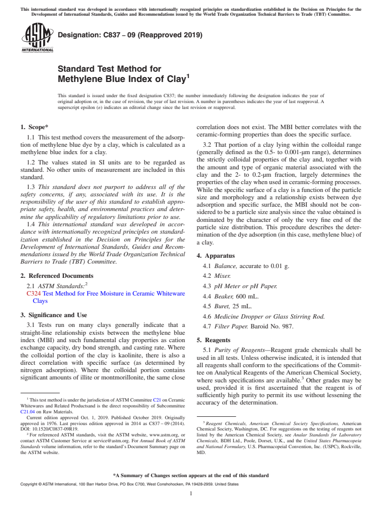 ASTM C837-09(2019) - Standard Test Method for  Methylene Blue Index of Clay