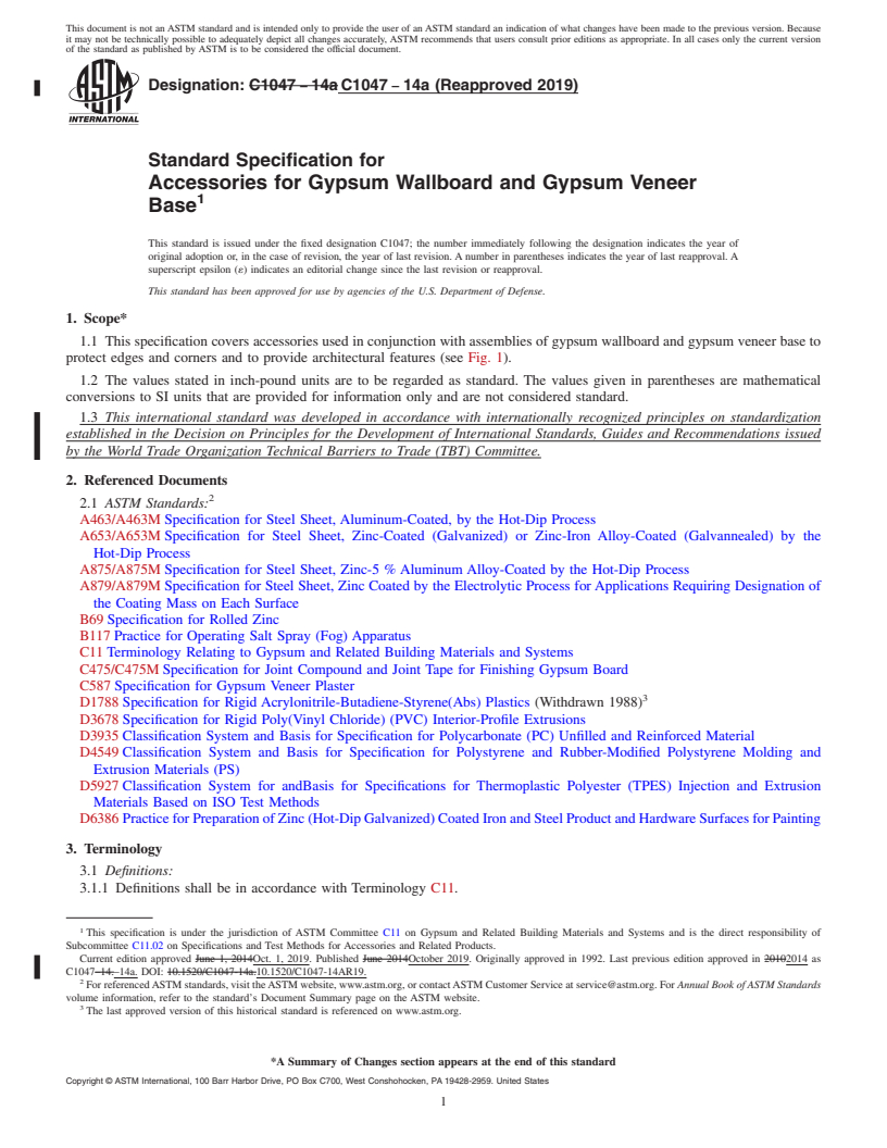 REDLINE ASTM C1047-14a(2019) - Standard Specification for Accessories for Gypsum Wallboard and Gypsum Veneer Base