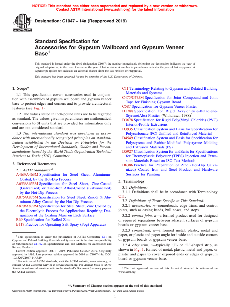 ASTM C1047-14a(2019) - Standard Specification for Accessories for Gypsum Wallboard and Gypsum Veneer Base