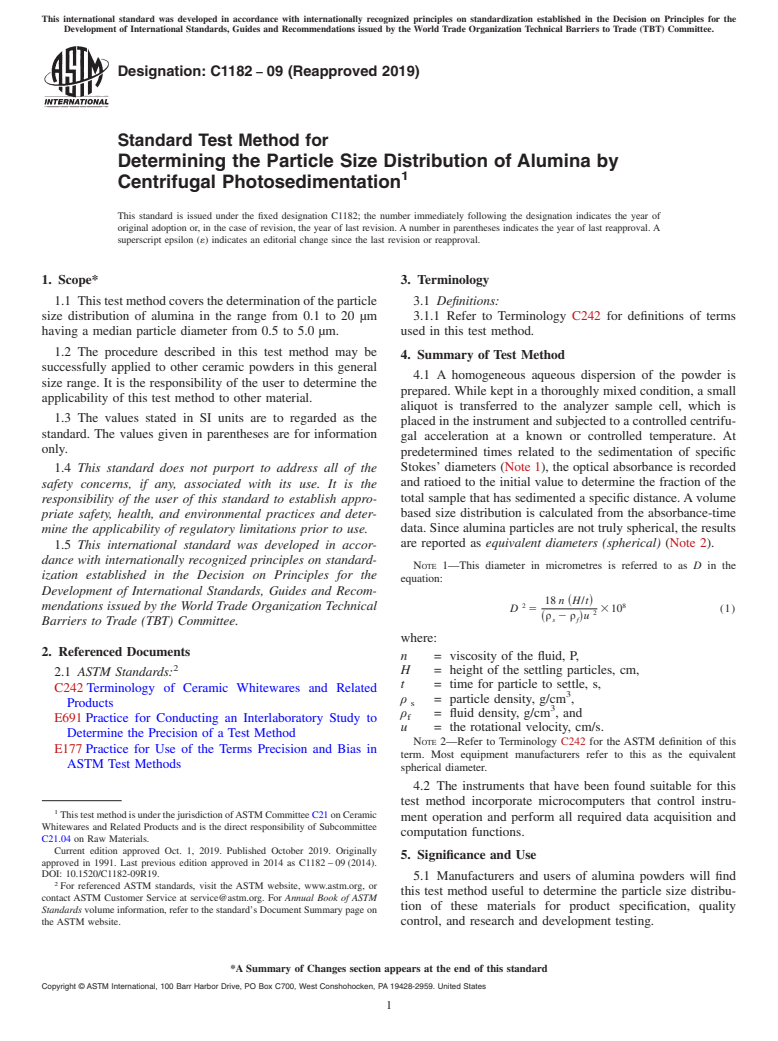 ASTM C1182-09(2019) - Standard Test Method for  Determining the Particle Size Distribution of Alumina by Centrifugal  Photosedimentation