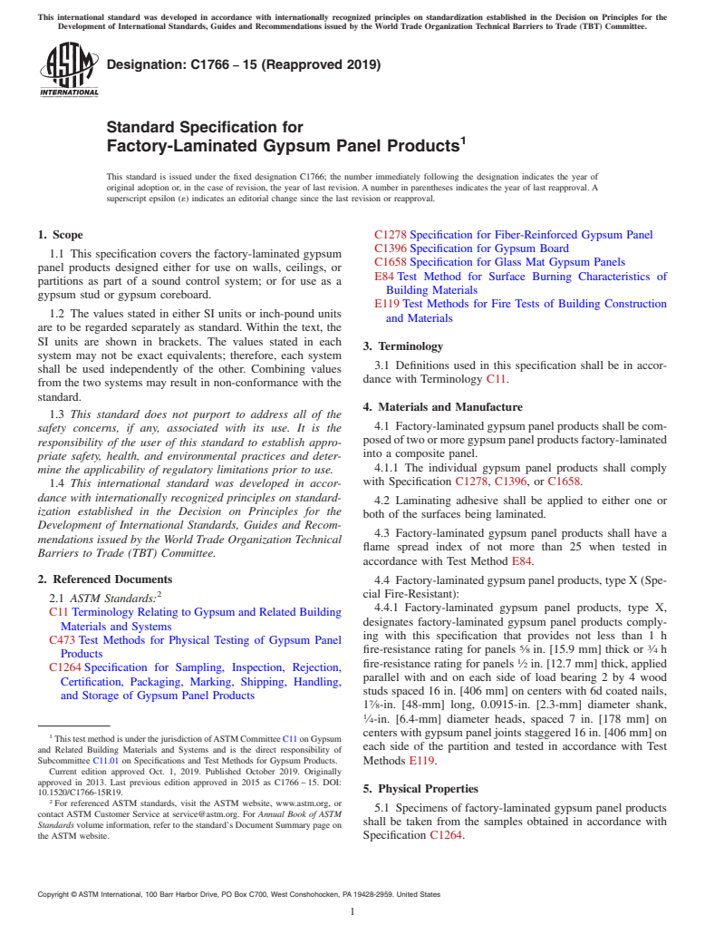 ASTM C1766-15(2019) - Standard Specification for Factory-Laminated Gypsum Panel Products