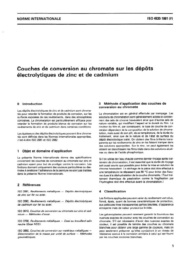 ISO 4520:1981 - Couches de conversion au chromate sur les dépôts électrolytiques de zinc et de cadmium
