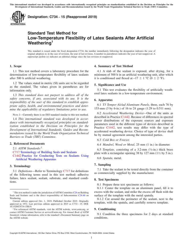 ASTM C734-15(2019) - Standard Test Method for  Low-Temperature Flexibility of Latex Sealants After Artificial  Weathering