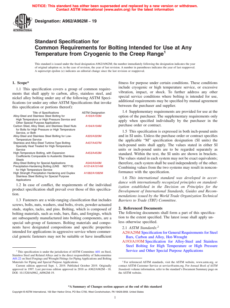 ASTM A962/A962M-19 - Standard Specification for  Common Requirements for Bolting Intended for Use at Any Temperature   from Cryogenic to the Creep Range