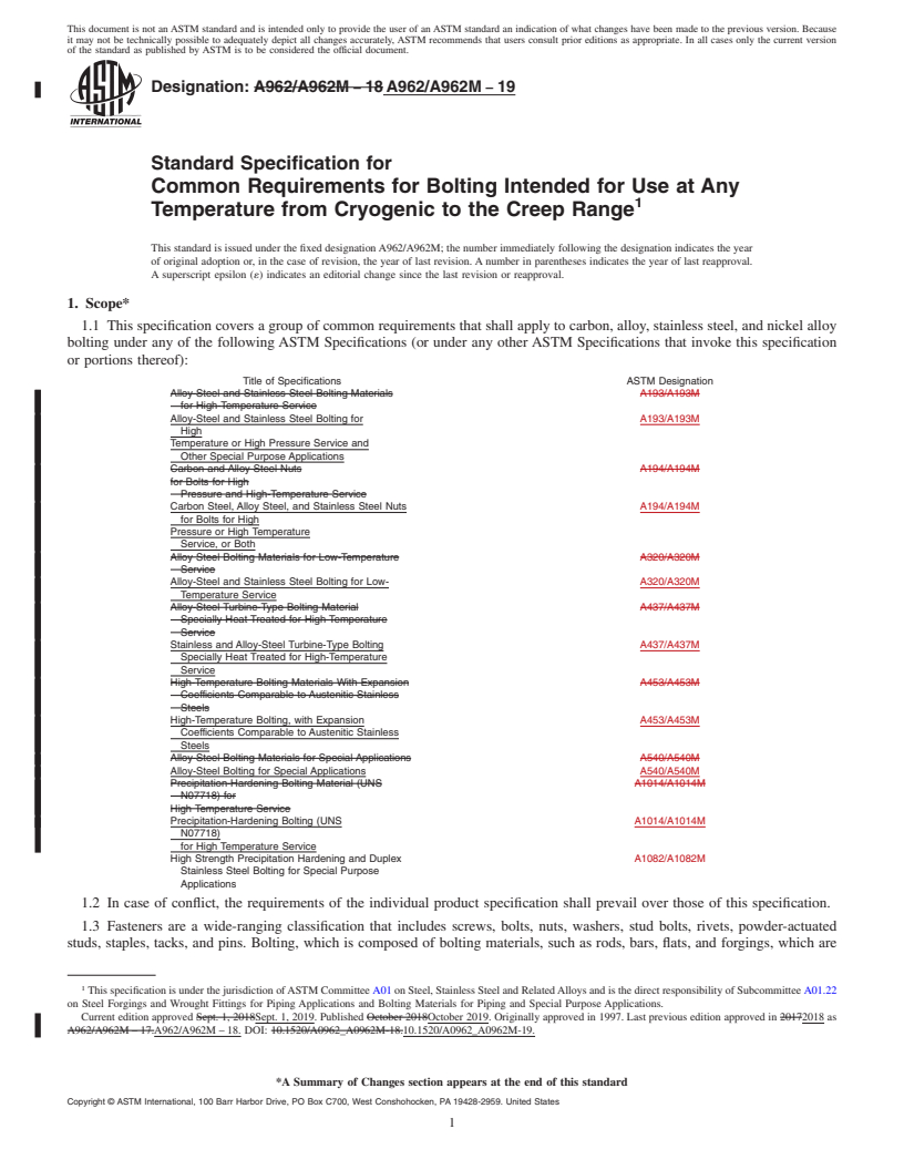 REDLINE ASTM A962/A962M-19 - Standard Specification for  Common Requirements for Bolting Intended for Use at Any Temperature   from Cryogenic to the Creep Range