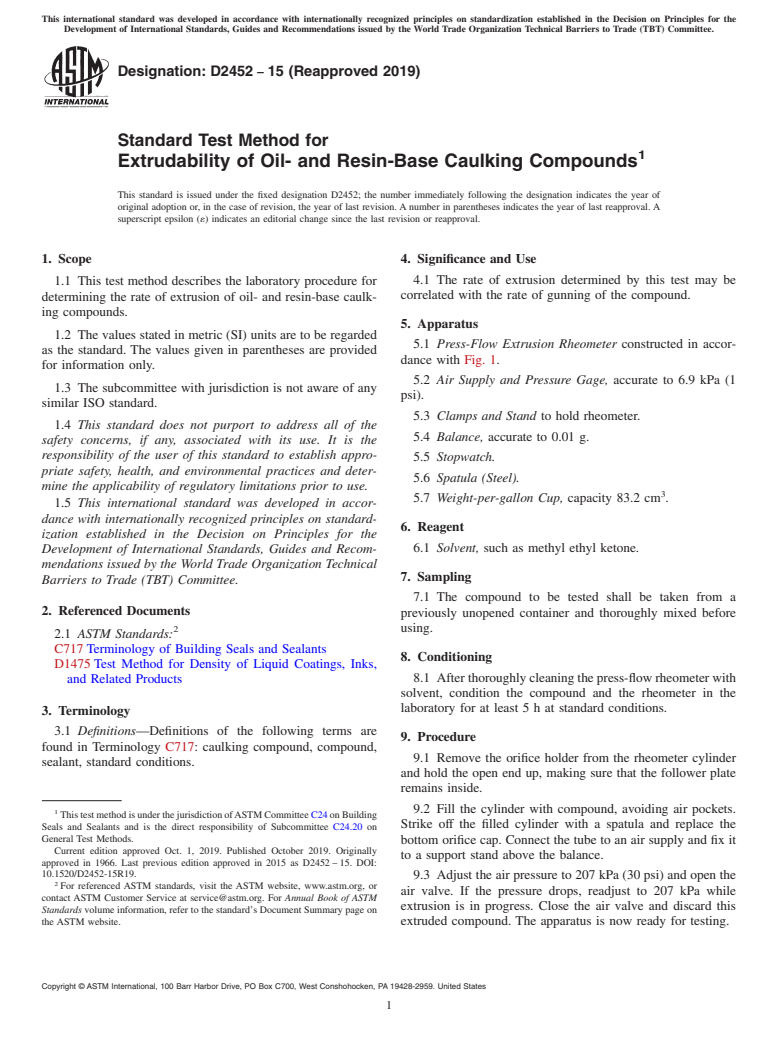 ASTM D2452-15(2019) - Standard Test Method for  Extrudability of Oil- and Resin-Base Caulking Compounds