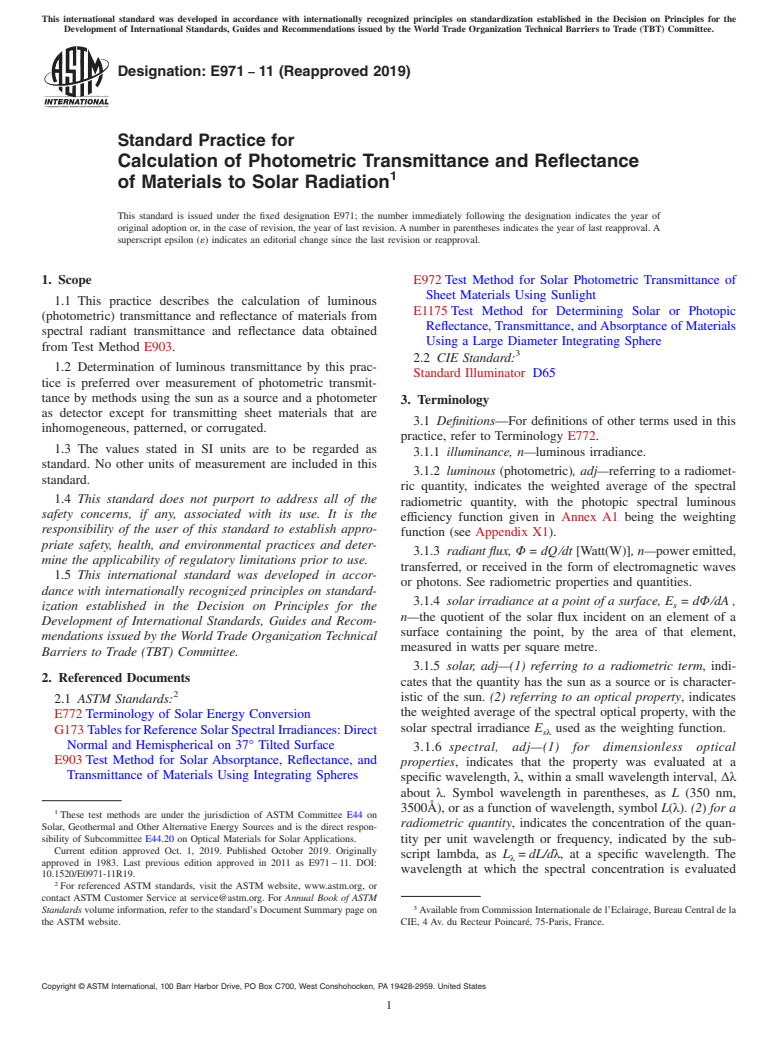 ASTM E971-11(2019) - Standard Practice for  Calculation of Photometric Transmittance and Reflectance of  Materials to Solar Radiation