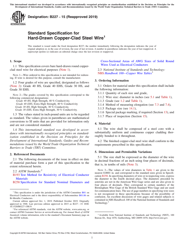 ASTM B227-15(2019) - Standard Specification for Hard-Drawn Copper-Clad Steel Wire