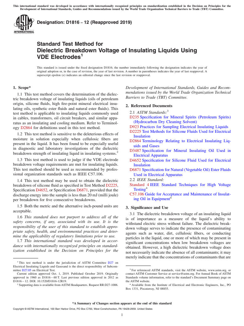 ASTM D1816-12(2019) - Standard Test Method for  Dielectric Breakdown Voltage of Insulating Liquids Using VDE  Electrodes