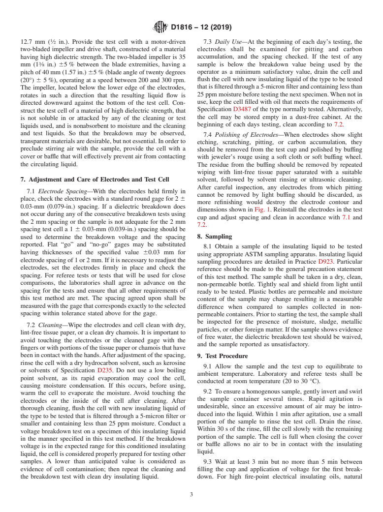 ASTM D1816-12(2019) - Standard Test Method for  Dielectric Breakdown Voltage of Insulating Liquids Using VDE  Electrodes