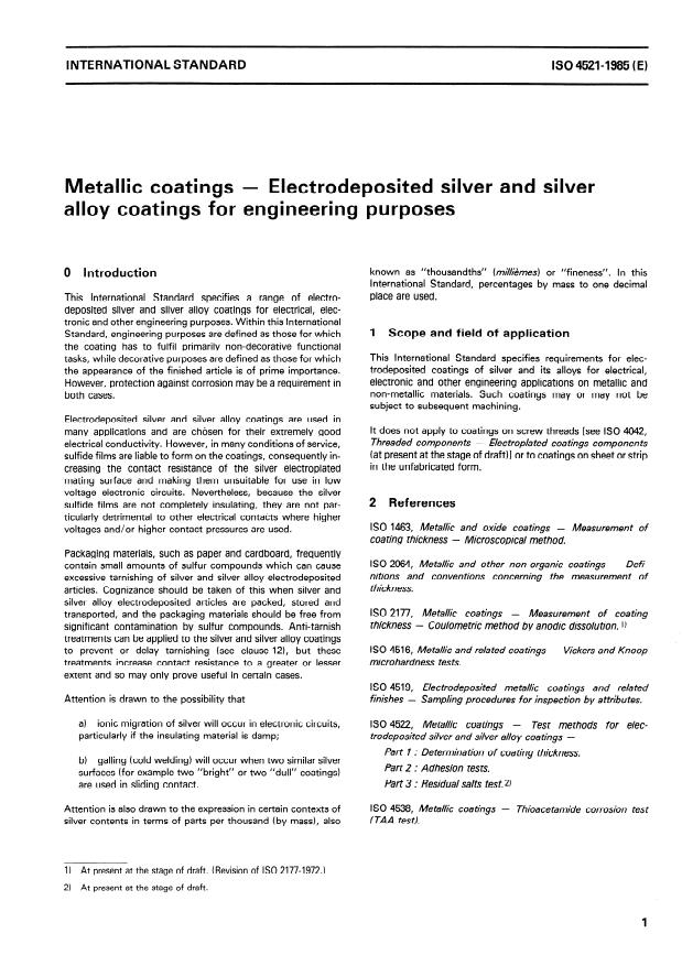 ISO 4521:1985 - Metallic coatings -- Electrodeposited silver and silver alloy coatings for engineering purposes