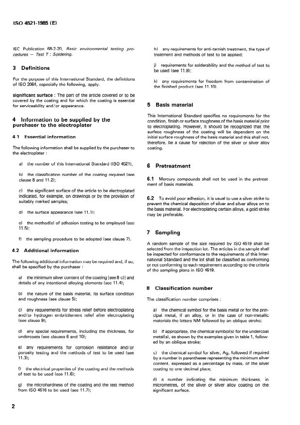 ISO 4521:1985 ISO 4521:1985 - Metallic coatings -- Electrodeposited silver and silver alloy coatings for engineering purposes - Page 4 preview