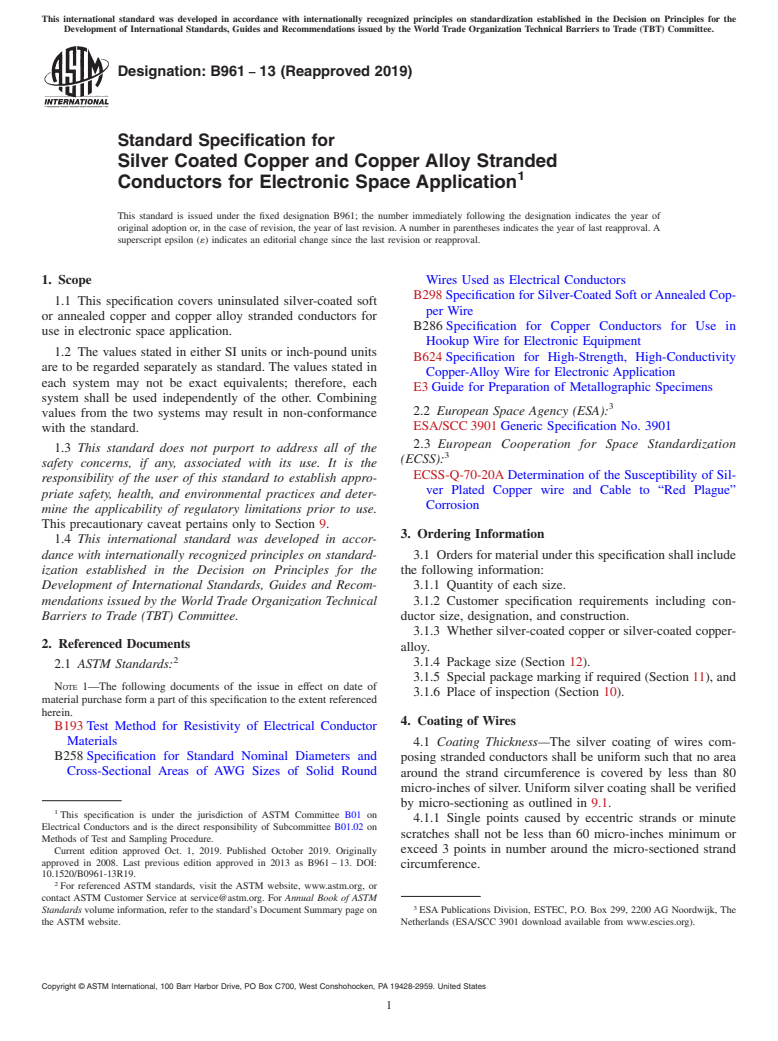 ASTM B961-13(2019) - Standard Specification for Silver Coated Copper and Copper Alloy Stranded Conductors for  Electronic Space Application