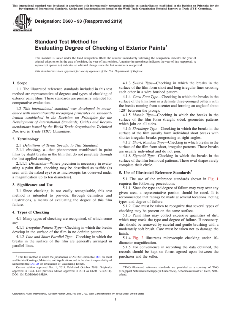 ASTM D660-93(2019) - Standard Test Method for Evaluating Degree of Checking of Exterior Paints