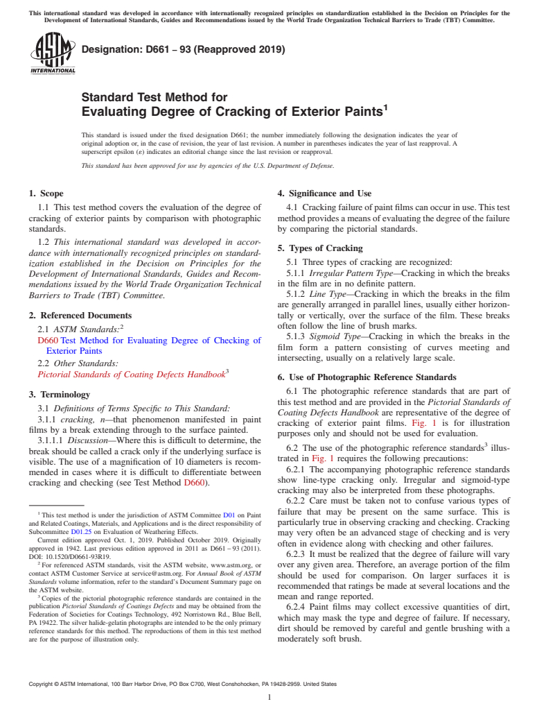 ASTM D661-93(2019) - Standard Test Method for  Evaluating Degree of Cracking of Exterior Paints