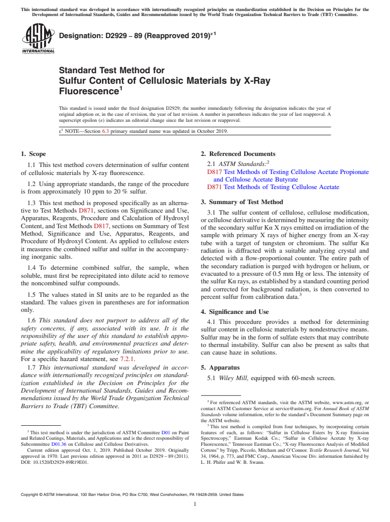 ASTM D2929-89(2019)e1 - Standard Test Method for Sulfur Content of Cellulosic Materials by X-Ray Fluorescence