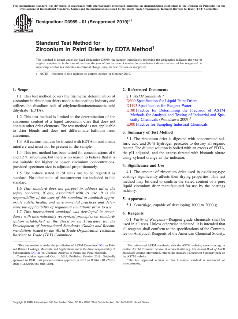 ASTM D3969-01(2019)e1 - Standard Test Method for  Zirconium in Paint Driers by EDTA Method
