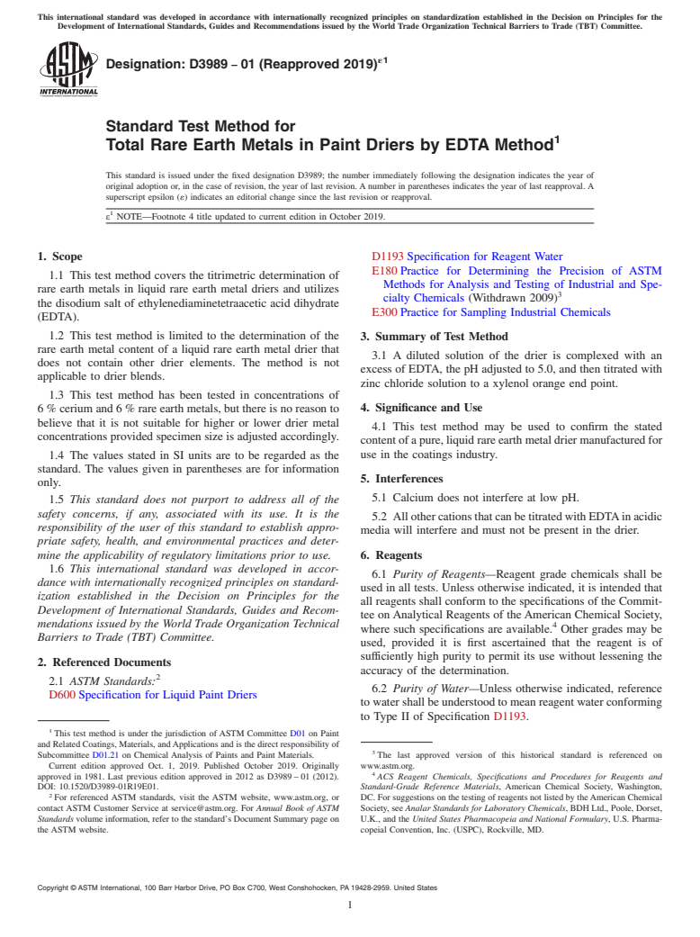 ASTM D3989-01(2019)e1 - Standard Test Method for  Total Rare Earth Metals in Paint Driers by EDTA Method