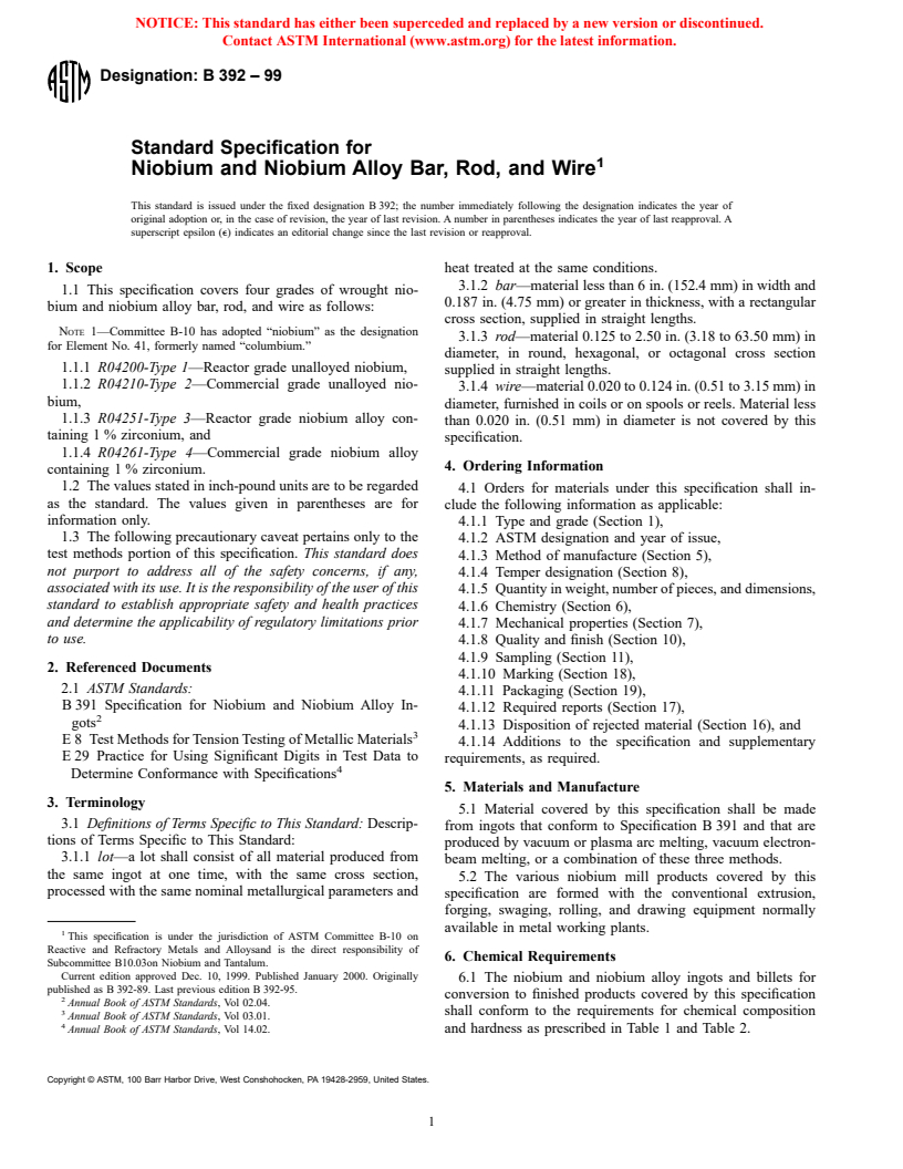 ASTM B392-99 - Standard Specification for Niobium and Niobium Alloy Bar, Rod, and Wire