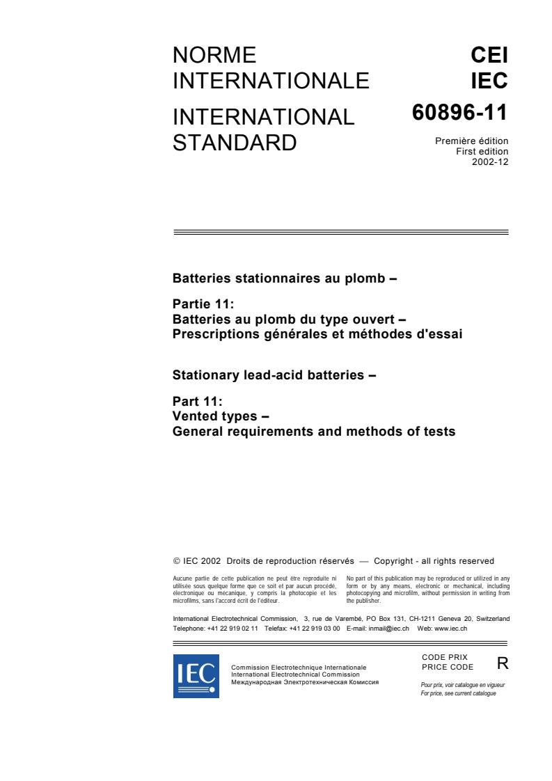IEC 60896-11:2002 - Stationary lead-acid batteries - Part 11: Vented types - General requirements and methods of tests