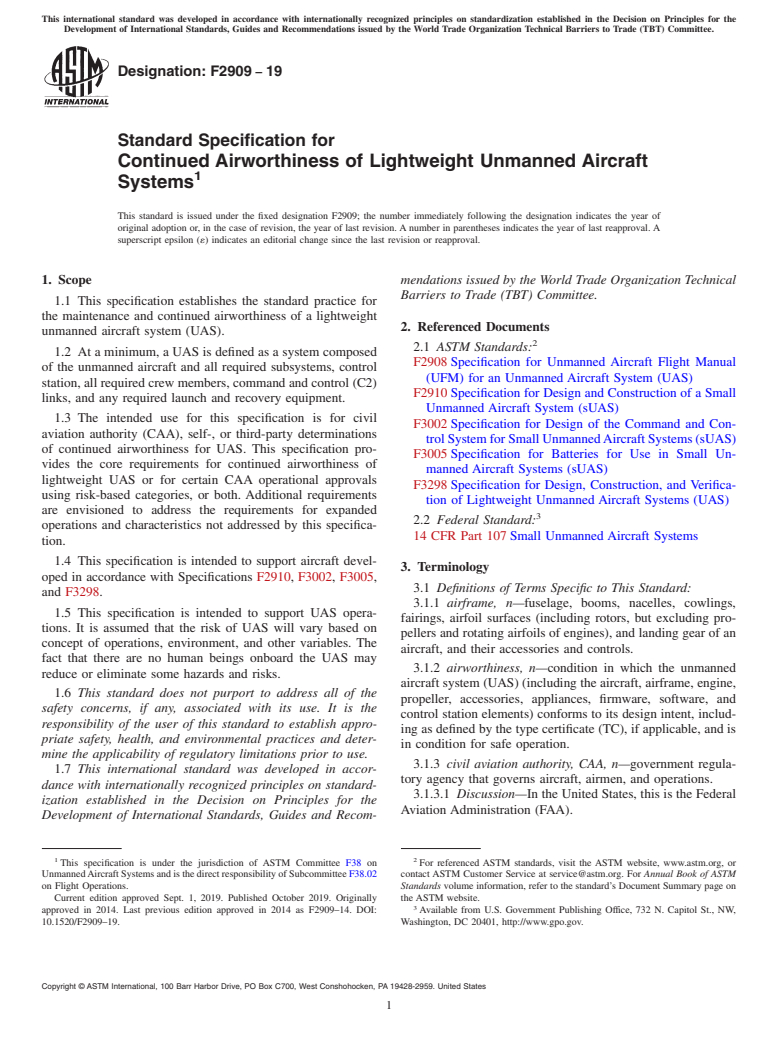 ASTM F2909-19 - Standard Specification for Continued Airworthiness of Lightweight Unmanned Aircraft Systems