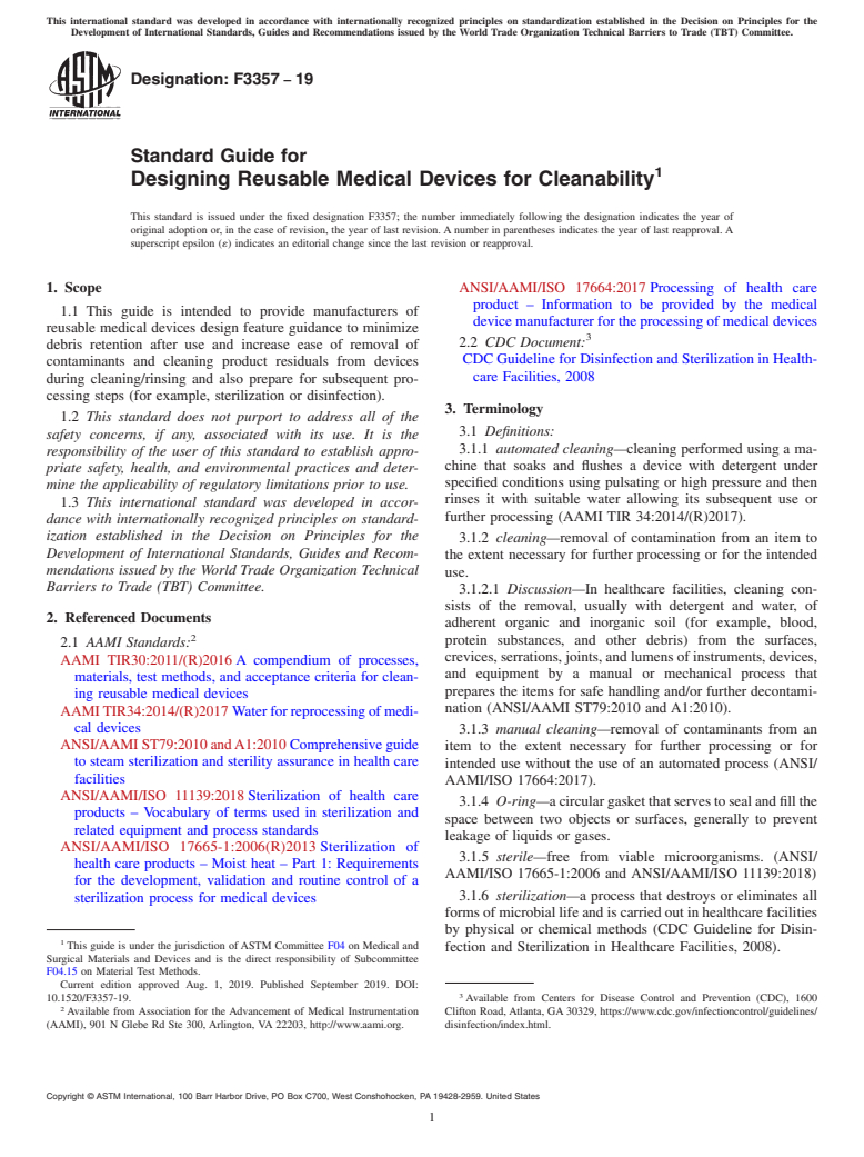 ASTM F3357-19 - Standard Guide for Designing Reusable Medical Devices for Cleanability