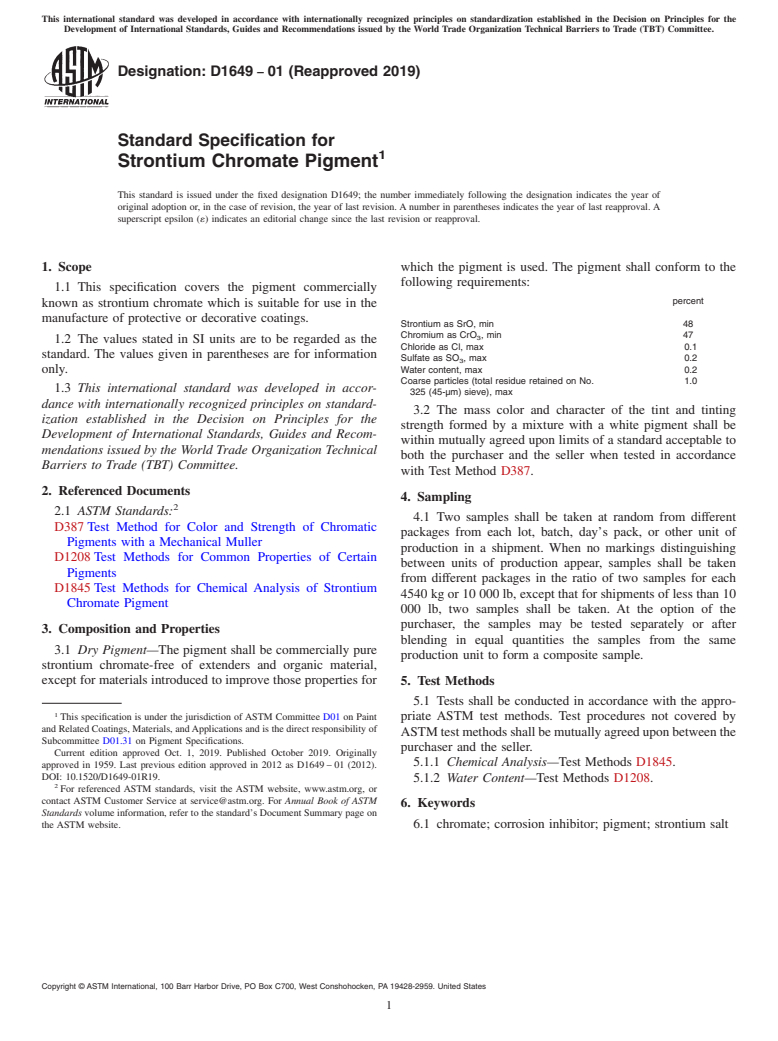 ASTM D1649-01(2019) - Standard Specification for  Strontium Chromate Pigment