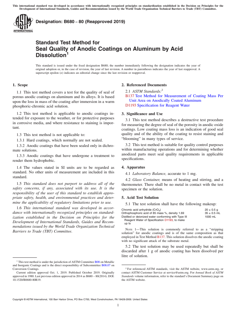 ASTM B680-80(2019) - Standard Test Method for  Seal Quality of Anodic Coatings on Aluminum by Acid Dissolution