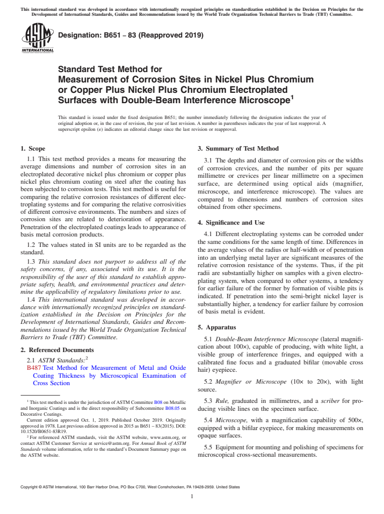 ASTM B651-83(2019) - Standard Test Method for  Measurement of Corrosion Sites in Nickel Plus Chromium or Copper   Plus Nickel Plus Chromium Electroplated Surfaces with Double-Beam   Interference  Microscope