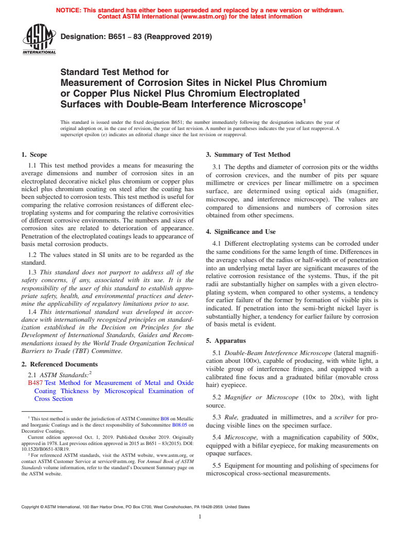 ASTM B651-83(2019) - Standard Test Method for  Measurement of Corrosion Sites in Nickel Plus Chromium or Copper   Plus Nickel Plus Chromium Electroplated Surfaces with Double-Beam   Interference  Microscope