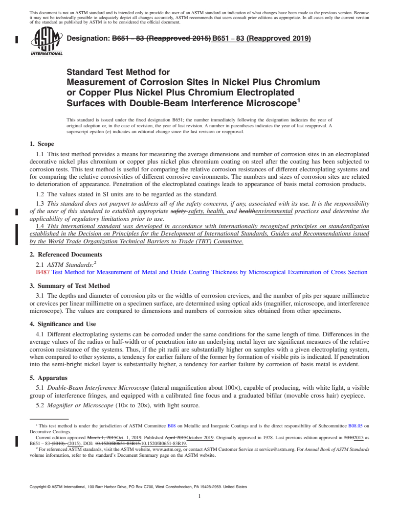 REDLINE ASTM B651-83(2019) - Standard Test Method for  Measurement of Corrosion Sites in Nickel Plus Chromium or Copper   Plus Nickel Plus Chromium Electroplated Surfaces with Double-Beam   Interference  Microscope